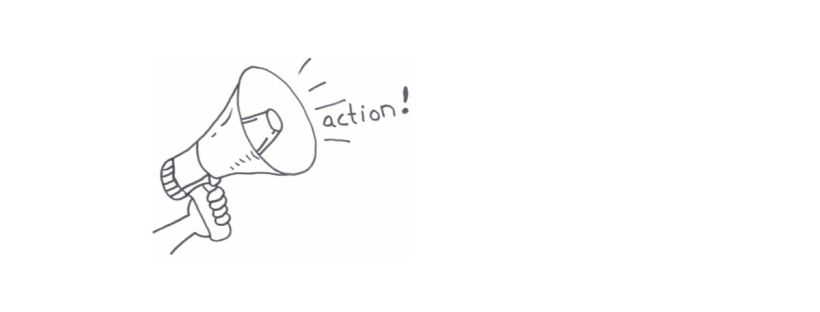 This is an illustration of a hand holding a bullhorn. The large cone shouts the word “action!” into the distance.
