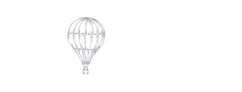 This image is a simple black-and-white line drawing of a hot air balloon. The balloon’s canopy is made up of several vertical panels, each drawn with gentle curves to suggest a soft, fabric-like texture. The panels converge at the top of the balloon, giving the structure a rounded, dome-like appearance. Thin lines run vertically along each panel, adding depth and dimension to the balloon's surface, indicating where the fabric might fold or crease. The basket at the bottom of the hot air balloon is rectangular and attached to the balloon by two ropes. The basket is empty, without passengers.