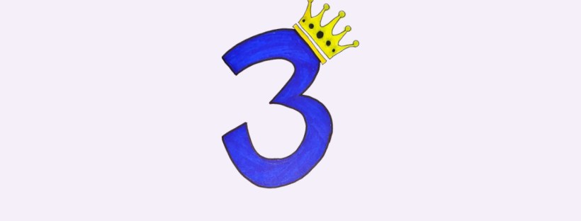 The number three is wearing a five-pointed crown. The crown is yellow with five black star sapphire gemstones on it. The number three is a dark blue colour with black outlines.