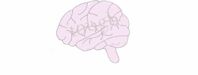 A pink brain is drawn on a white background. The word tough is written on a 30-degree angle inside the brain. The text is wavy with a line crossing through it. The font colour is light grey.