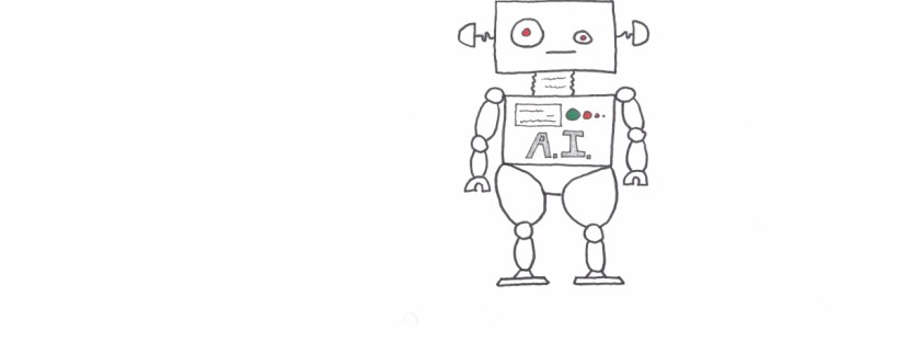 A robot stands lifelessly against a white background. One of its eyes is larger than the other. Its pupils are glowing red. Its head and body are rectangular in shape. The ears look like wires with lobes. A.I. is written on the robot's chest, and red and green lights are lit where a human's heart would be. The robot's arms hang rigidly at its side. It’s standing still on platform feet and metal-jointed legs.