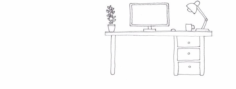 An office desk is in frame. It’s the setup of somebody who works from home. On the right, three drawers are built into the leg of the desk. While a solitary leg holds up the left side. On top, there’s a plant with two long stems and several oval shaped leaves. It sits on the far left of the desk. In the centre is a large computer with a small mouse next to it. Then a mug of coffee, followed by an adjustable tabletop lamp on the far right of the desk.