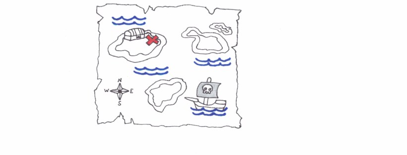 You’re looking at a hand drawn map. The edges are rough and torn in spots. The map plots out four islands in a section of an unnamed sea. Two islands are grouped together in the upper-right corner. One is much smaller than the other. Another island sits at the bottom edge of the map. A rose compass is to the left; each point of the star guides you to north, east, south, and west. And a pirate ship is to the right; the ship’s flag is blackened, its symbol is that of a Kraken’s skull. The fourth and final island is located in the upper-left corner of the map. A large treasure chest sits atop this island. Its location is marked with a big red X.