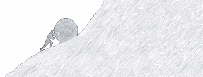 A pencil drawing depicts the silhouette of a man pushing a boulder up a steep mountain. The man is stepping forward. His leading leg is bent at ninety degrees with the rear leg stretched back, foot planted firmly for leverage. Both of his hands are pressed hard against the boulder. Arms are flexed, back is bent. He’s mustering all of his strength, pushing against mountainous challenges.