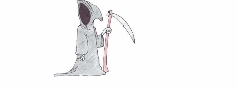 The Grim Reaper (also known as Death) stands in frame. The Reaper is wearing a hooded cloak. The hood is pulled over its head. A deep, black shadow hides its face. The Reaper is holding a scythe with a long brown shaft. There's a small chip along the lower edge of the claw-shaped blade. The Reaper’s body is angled to the right but its head is turned to the left. Death waits for somebody.