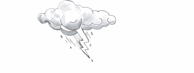 A towering cumulonimbus cloud covers the sky. The cloud has a rounded anvil-shaped top and a dark, shadowy base. A bolt of lightning strikes toward the ground. Rain drops fall alongside the streak of energy.