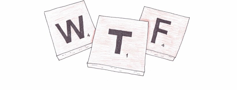 Three brown square tiles are laid out on a white background. The centre tile is propped up slightly, sitting atop the bottom-right corner of the left tile and the bottom left corner of the right tile. The left tile is slightly angled away from the centre tile; the right is also angled away from the centre tile. A black letter and a black number are etched into each tile. On the left tile is the letter W and the number 4. The centre tile features the letter T and the number 1. The letter F and the number 4 are on the right tile. The tiles are from the board game Scrabble, and they form the acronym WTF.