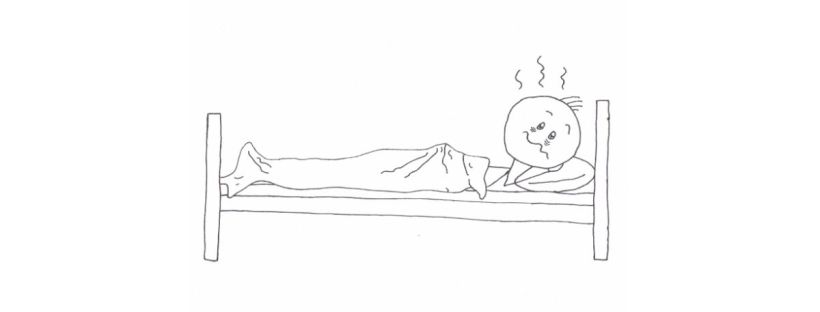 A stick figure man is lying in bed. He looks exhausted. There are bags under his eyes, his four strands of hair are dishevelled, and his mouth is a squiggly line. The blanket is rumpled and a plump pillow supports the figure’s head.