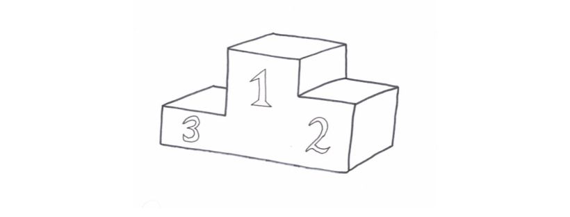 This is a black and white winner’s podium. There are three platforms. The tallest is in the centre. It has the number one engraved on the front. The second tallest platform is on the right, with the number 2 engraved on the front. And the shortest platform is on the left. It has the number 3 engraved on the front. Each platform of the podium is empty. The winners are yet to be determined.