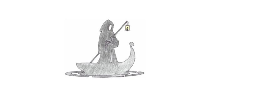 The ferryman, Charon, stands in a small boat. He wears a robe of black, his face hidden beneath the hood. He moves a boat as black as his garb along the river Acheron with a long, ebony pole. A light hangs from the leading end of the pole. Its yellow light guides Charon to the souls awaiting transport to the other side.