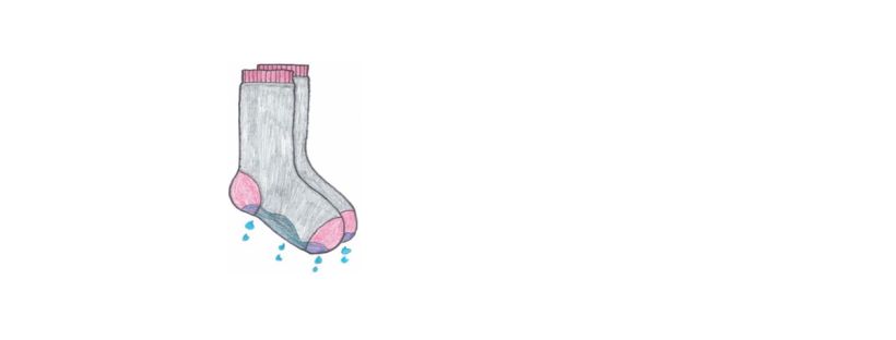 A pair of socks are matched together, one in front of the other. The socks are grey in colour, while the top bands, heels, and toes are red. The bottom portion of the socks are wet, as shown by blue water droplets dripping to the ground.