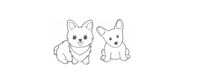 Two small dogs are sitting down and staring straight at you. The one on the left is fluffy and is wearing a bandana around its neck. It’s sticking its tongue out and smiling. The dog on the right has its head cocked to the left, as though it’s curious about what you’re thinking. Both dogs have their ears perked straight up. Their boopable noses are black and their eyes are kind and loving.