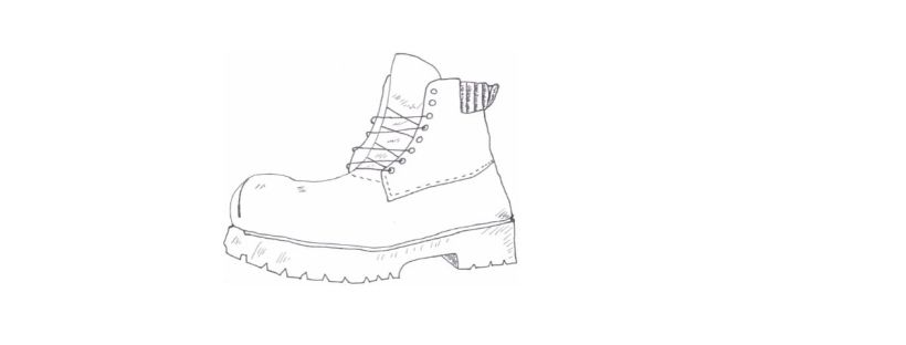A black and white hand-drawn sketch of a rugged work boot. The boot features a thick, treaded sole for durability and traction. The upper part of the boot includes detailed stitching and metal eyelets, which the laces are threaded through. The boot's collar is padded for added comfort, and there is a small loop at the back of the collar, likely used for pulling the boot on. The drawing is minimalistic but captures the characteristics of a heavy-duty work boot, symbolizing toughness and practicality.