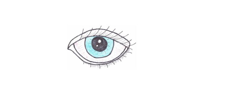 This image is a hand-drawn illustration of a human eye. The iris is light blue, shading gives it a sense of depth. The pupil is solid black, centred within the iris. Two small white circles suggest light reflecting off the pupil. The sclera, or white part of the eye, has sporadic red, jagged lines, indicating the eye is bloodshot. Short, thin eyelashes extend outwards from the upper and lower lids of the eye. The lashes are more prominent on the upper lid.