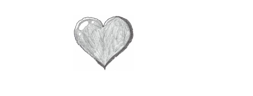 This is a simple heart drawn in pencil. A gradient makes it appear three-dimensional. The heart is shaded in grey tones, with a darker outline around the edges and lighter, textured shading towards the centre. On the upper left side of the heart, there are several circular highlights that resemble light reflections. The overall texture of the heart appears rough, giving it a somewhat weathered or broken appearance.