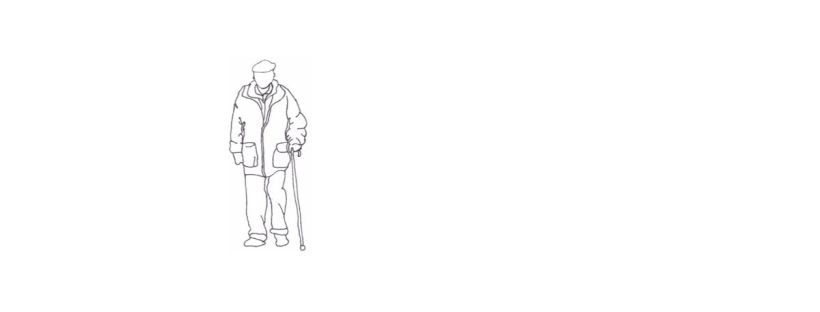 This is a simple line drawing of an elderly man walking with a cane. The man is dressed in a large coat with pockets on both sides. He’s wearing a flat cap, and his face is without any facial features. His body posture suggests a slow, cautious gait, leaning slightly forward on his cane with his right hand. His pants are loose-fitting, and he’s wearing flat shoes. The drawing uses minimal lines and shading, focusing on the silhouette and clothing details.The sketch portrays age and frailty.