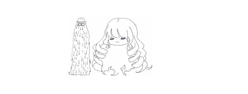 A simple, black-and-white line drawing featuring two characters side by side. On the left is a character resembling Cousin Itt from The Addams Family. He is drawn as a tall, column-shaped figure entirely covered in long, wavy hair that flows from the top of his head to his feet. He wears a small round hat and glasses that sit over his hair, the only elements distinguishing his face. To the right is a cartoon-like girl with flowing hair that extends outward in large, rounded curls, taking up most of her figure. Her face is small and centred within her hair, with closed eyes and a gentle, content expression. The waves of her hair mirror Cousin Itt’s, creating a visual connection between the two characters.