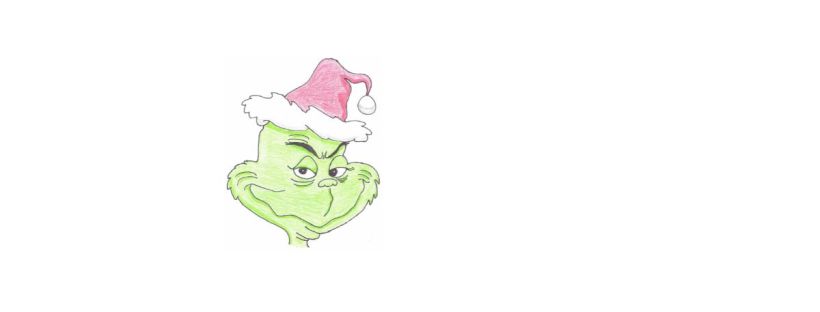This is a hand-drawn illustration of the Grinch, a fictional character from the story “How the Grinch Stole Christmas.” The Grinch’s face is green with a fuzzy texture, reflecting his fur. His expression is sly and mischievous, with a long curved smile, upturned eyebrows, and half-lidded, slightly narrowed eyes. He looks cunning and smug with a calculated demeanor. He is wearing a bright red Santa Claus hat trimmed with fluffy white fur. The hat's floppy end is tipped with a white pom-pom, leaning to the left side of his head. The Grinch's head is slightly tilted, as though he is plotting something.