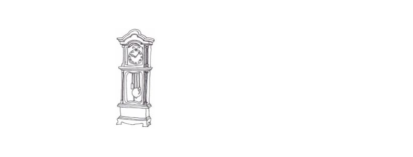 This is a hand-drawn black-and-white illustration of a classic grandfather clock. The clock has a tall, elegant wooden frame with decorative molding at the top, featuring a curved, ornate design. The clock face is round with Roman numerals marking the hours and two hands indicating the time. It’s six after ten. The minute and hour hands are simple but bold, making them easy to read. Below the clock face, a glass-paneled compartment reveals the pendulum, which is a large, round disc hanging from a thin rod, along with two weights suspended by chains. The base of the clock is slightly wider for stability, with subtle detailing along its edges.