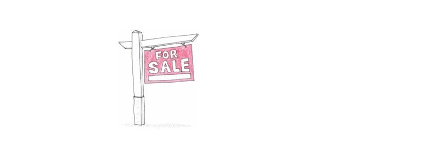 This is a hand-drawn illustration of a "For Sale" sign hanging from a wooden post. The post is tall, sturdy, and has a horizontal arm extending to the right. The sign hangs from the arm on two small hooks. The sign is rectangular, with a bold red background and large, white, capitalized letters spelling out "FOR SALE" in a thick, blocky font. Below the text is a blank white space—this is for details like a phone number or price. The drawing is in black ink outlines with red shading on the sign and light shading on the post to create shadows. There is lightly sketched grass at the base of the post.