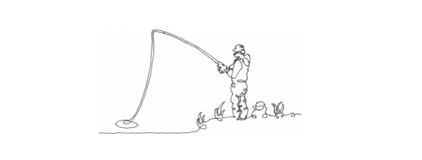 This is a simple, continuous-line drawing of a person fishing from shore. The person is wearing a hat, a vest, and pants with pockets. They are holding a fishing rod with both hands, casting a line into the water. The fishing line curves downward before making contact with the surface, creating a small circular ripple. The shoreline is spotted with a few patches of grass and a small bag or tackle box near the angler’s feet.