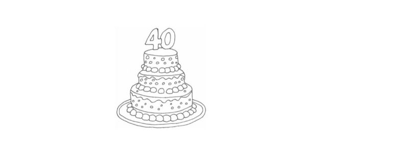 This is an image of a hand-drawn, three-tiered birthday cake sitting on a round serving plate. Each tier is decorated with different icing patterns, including dots, scalloped lines, and large rounded frosting dollops that circle each layer. At the top of the cake is a large candle shaped like the number 40, indicating a 40th birthday celebration. The drawing is simple and whimsical, using bold black lines with no colour or shading, giving it a playful, cartoon-like appearance.