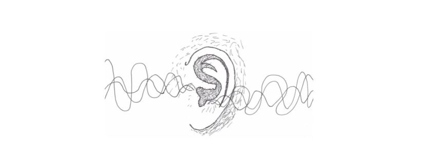 A hand-drawn black-and-white illustration of a human ear. The ear is shown in profile, with detailed line work representing the curves and folds of the outer ear. Sound waves, depicted as curving and oscillating lines, flow horizontally across the image, entering the ear from both the left and right sides. Around the ear, short, loose lines suggest subtle motion or vibration, emphasizing the act of hearing or receiving sound. The drawing is abstract but expressive, illustrating the concept of feedback or sound being actively received and processed.