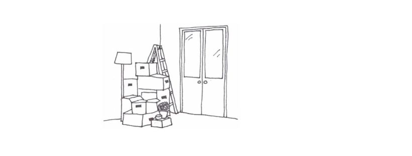You’re looking at the corner of a room. On the left stands a tall floor lamp with a square lampshade. Beside it is a stack of cardboard boxes, some open and some closed. The boxes are piled unevenly in front of a folding step ladder. The ladder leans against the wall. A small potted plant sits on top of one of the lower boxes, and a small bowl rests nearby. To the right, a pair of double doors with glass panes reflects faint light. The floor and background are otherwise empty, emphasizing the stillness and sense of transition, like a room being packed up or moved out.