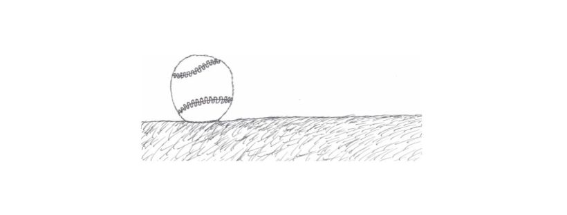 Zoom in on a baseball resting on a field of grass. You can see the stitching in wavy lines wrapping around the ball. The grass is textured and scattered. But it’s all facing the same direction, leaning toward the right. The background is empty. It feels quiet and reflective. Will the ball be picked up or left alone?