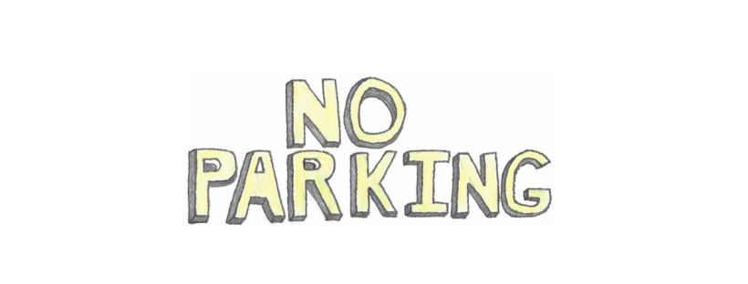 A hand-drawn, black-and-white illustration of the words “NO PARKING” shown in large, bold, block letters. Each letter is outlined in dark pencil with a soft yellow shading inside, giving the text a slightly three-dimensional look.