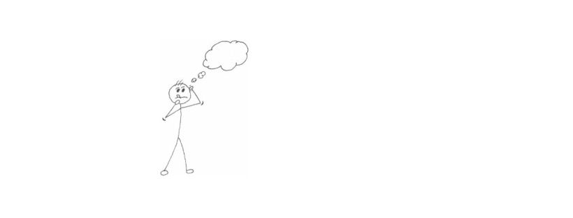 A simple black-and-white line drawing of a stick figure standing alone on a blank background. The figure’s body is made of thin, straight lines, with small oval shapes for feet. Its head is a round circle with short, spiky hair drawn as a few quick lines. The figure’s facial expression looks anxious or uncertain, with raised eyebrows, wide eyes, and a slightly open mouth turned downward. One hand is touching the side of its head while the other hand is lifted outward in a confused gesture. Above the figure’s head is a large, cloud-shaped thought bubble, suggesting they’re deep in thought or worried.