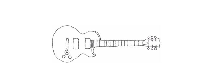 A simple black-and-white line drawing of an electric guitar. On the left side is the rounded body, featuring two rectangular pickups, three small circular control knobs, and a round output jack. The guitar’s neck stretches to the right, long and straight, divided by evenly spaced frets. At the far right is the headstock, sketched with six small tuning pegs—three on each side.