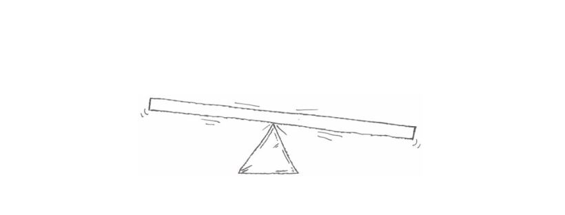 This is a minimalist black-and-white line drawing of a balance scale or seesaw. A long, thin horizontal plank rests on a triangular fulcrum in the centre. The plank is slightly tilted, with the left side raised and the right side lowered, suggesting imbalance. Small motion lines appear near both ends of the plank, implying gentle wobbling or instability. The triangular base sits firmly beneath the centre point, with stress lines along the edges from the weight of the plank.