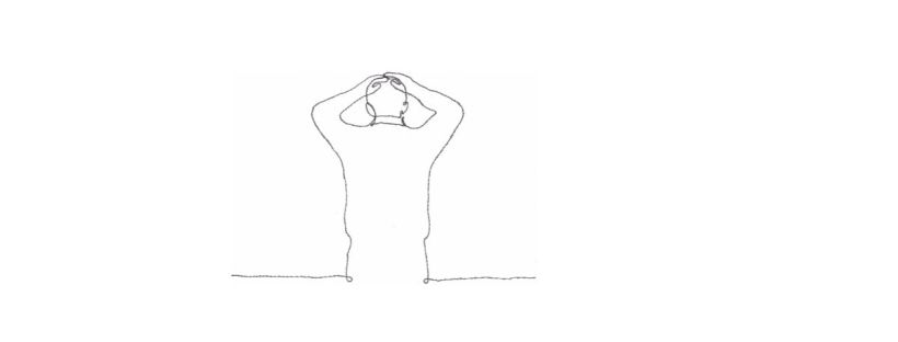 This is a flat, black-and-whilte line drawing of a person. The drawing is one continuous line, never breaking to draw another part of the person’s body. They have their back to you with their arms raised over their head. Each hand rests upon the top of the person’s head. It’s as though they are in disbelief. Or like they’re shocked, having come to some sort of deep realization.