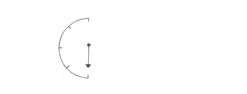 This is a simple line drawing of a fuel gauge. It’s a half circle with notches indicating full, three-quarters full, half-full, one-quarter full, and empty. An arrow hangs from the middle of the gauge. It points at the lowest notch in the gauge, indicating an empty tank.