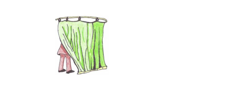 This is an image of a green curtain. The curtain is hung by a yellow curtain rod, which curves around to the right. The curtain hangs down and has several wrinkles in it. The wrinkles give the curtain depth, while darker green along many of the creases add shadows. The left side of the curtain is pulled back at the lower edge, revealing the back of a person. It looks like the person is hiding behind the curtain. They’re wearing a brown blazer, brown pants, and black dress shoes. Only a third of the person is visible. Their upper body and head are still tucked behind the curtain out of view.