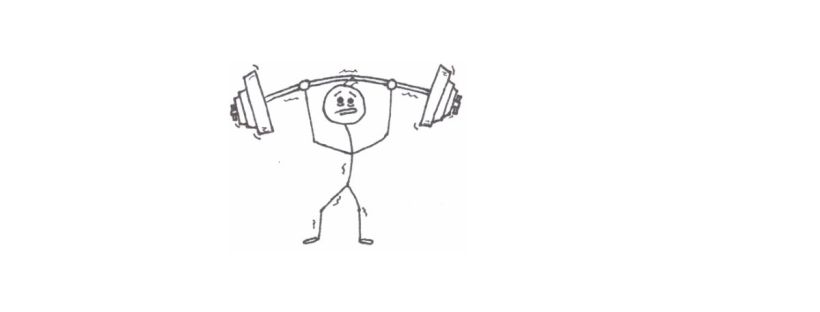 A stick figure lifts a barbell over its head. It’s struggling due to the weight. The bar is bending with three plate weights on each side. The inner most weight is largest, the middle weight is smaller, and the outer weight is smallest, indicating different weights of each plate. There are wing clips outside of the smallest weights, keeping the plates in place. The stick figure is looking up and its mouth is open in shock. It’s worried the bar might snap in two. The figure’s back is arched and its knees are bent. Wavy lines imply the figure’s knees and back are shaking under the heavy weight.