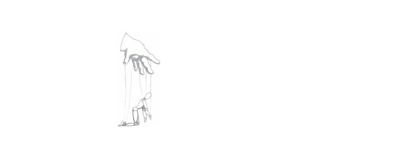 A hand spreads open above a marionette. The hand is large and imposing, with strings dangling from each of its fingers and thumb. The puppet hangs limp from the strings, like it’s kneeling on the ground with its arms and head drooped forward.