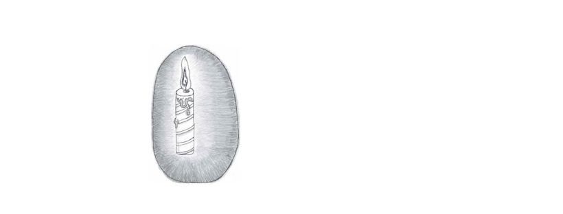 This is a pencil drawing of a single birthday candle. The candle is striped and stands in an oval frame, with shading that darkens towards the edges. It gives the effect that the candle is lighting up the darkness. The flame is drawn with a slight wave to it and gets darker toward the centre where it’s hottest. The candle is melting closest to the flame. Wax drips down toward the base.