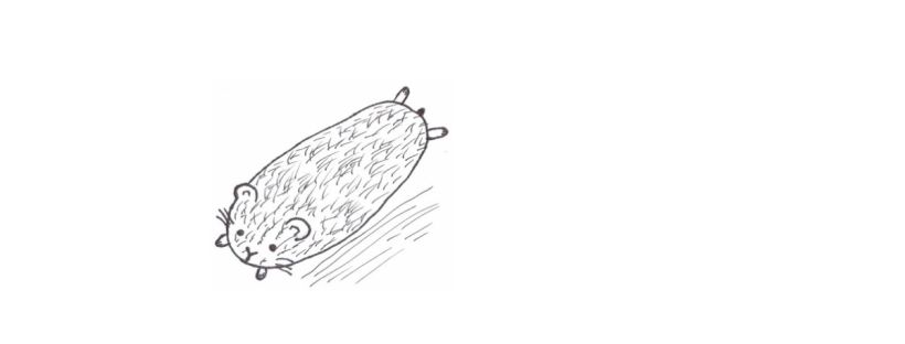 This is a childish drawing of a hamster. The small, furry rodent is lying flat on its stomach. The hamster’s wee legs are sticking straight out from its body. It almost looks like a flattened potato with a little black nubbin for a tail. The hamster’s rounded ears are perked up but it has a disinterested look on its face, with tiny black eyes staring off into the distance.