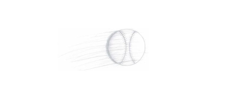 This is a pencil drawing of a baseball. Two arched lines run vertically along the ball parallel with each other. The ball’s stitching runs along these lines. There is a dark shadow beneath a portion of the left side of the ball. The ball also has dark and light lines trailing off its left side to indicate it’s in mid flight, as if someone has thrown the ball toward the right edge of the image. These lines, along with the ball itself, are slightly blurred to show how fast the ball is moving.