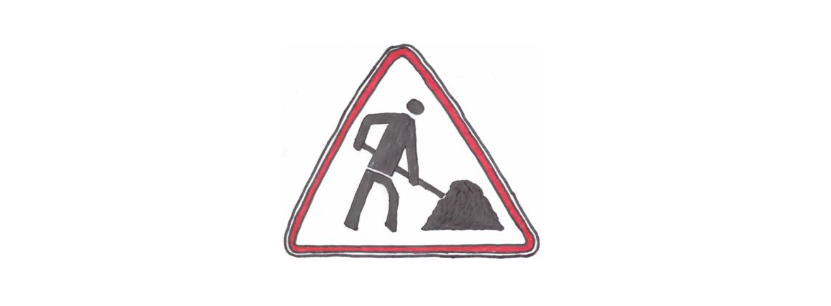This is a drawing of a construction sign. The sign is triangular in shape with all three points of the sign rounded. In the centre of the sign is the silhouette of a person sticking a shovel into a pile of dirt. This is the image used for the home page of the The Davis Daily blog.