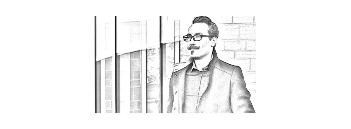 This is an photo of Cory Davis, author of The Davis Daily blog. The photo has been edited to resemble a black and white line drawing.