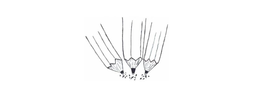 The image is a close up of three hand-drawn pencils. The pencils are laying flat with the tips angled towards each other. Each tip is broken, with bits of lead strewn about the ends of the pencils. The image suggests a writer or artist is trying to master their craft, taking multiple attempts to get a particular piece of writing or artwork right.