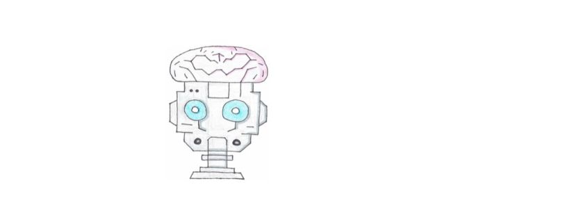 A robot head wears a human brain like a hat. The brain is pink, as you’d expect, with black rigid lines firing throughout, acting like brain waves. The robot’s head is grey, like the colour of stainless steel. It has two large, round eyes. Oddly, they are blue and very human-like. The robot doesn’t have a mouth, only two nuts and bolts on either side of a metal plate. The metal plate connects to the robot’s neck, which is made up of multiple rectangular pieces of metal stacked atop each other. The robot is attempting to mimic life, but it only stares back at you soullessly.