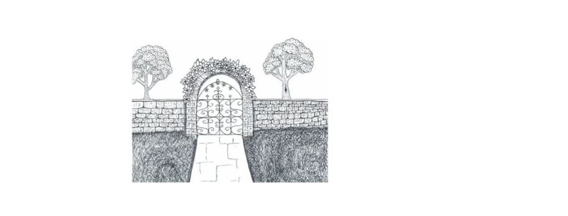 You’re standing in front of a stone wall. In the middle of the wall is a tall archway with an ornate gate. Unlike the stone used for the wall, the arch is made of brick. Flowers line the top of the arch, covering most of the brickwork. The gate is made of decorative iron rods. The rods are bent into circular shapes, some look like the letter s. A pathway leads up to the gate. You notice it’s cracked in random places. Wild grass grows on either side of the pathway. It’s not long, but it’s unkempt. Beyond the wall are two trees, one to the left of the gate and one to the right of the gate. The trees are tall with bushy canopies. The tree to the right has a diamond-shaped hole in the middle of it; maybe it’s a bird’s nest, or a squirrel’s den.
