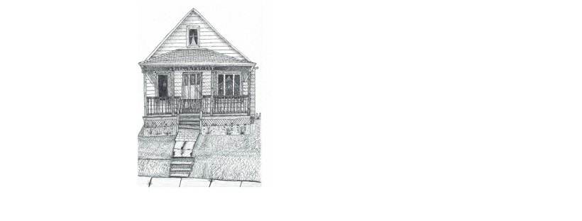 Imagine an older two-storey wooden house. The roof is steep and gabled, with horizontal siding along a small attic window near the peak. Below is a covered front porch with a railing, several narrow windows, and a central front door. The window to the right of the door is larger, made up of three glass panels. The curtains are pulled back, showing the silhouettes of a family. The window to the left of the door is a small single pane of glass. It’s dark, but a lone figure is visible within. The porch is reached by a short flight of steps. A straight walkway leads from the porch steps toward another set of steps. Half of the walkway is made from stone, the other half is made of concrete pads. The concrete is chipped and cracked. The stonework is well-worn. The walkway is bordered by a simple lawn, and two flowerbeds sit on either side of the porch steps.