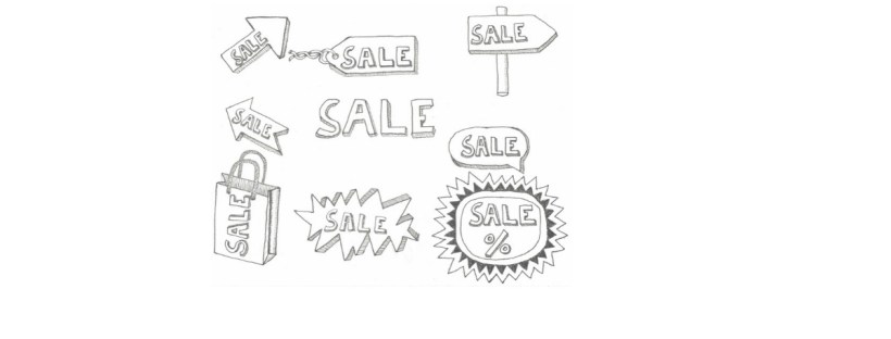 This is a collection of hand-sketched retail signs, promotional graphics, and shopping bags. There are nine in total. Each has the word SALE on it in capital letters. The letters are 3D in appearance, as are the graphics themselves. Some drawings are of arrows, pointing in various directions. One is a speech bubble, and another is a tag with string hanging from one end. There is a sign nailed to a pole and a paper bag with looped handles. The most extravagant drawings are jagged, starburst shapes, like something from a comic book, making the word SALE appear more impactful.