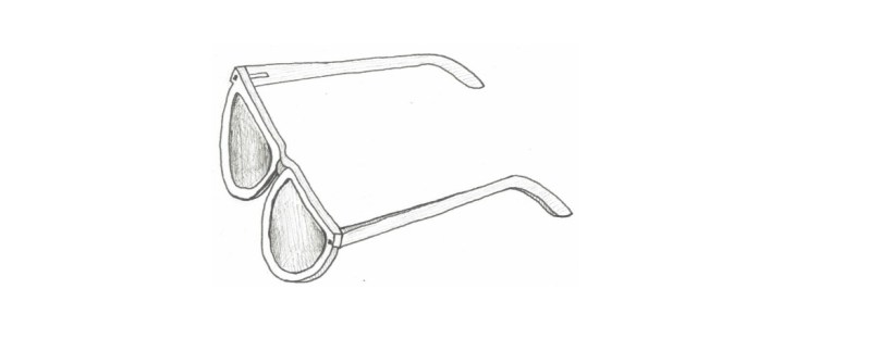 A pair of eye glasses sits on a blank background. The frames are blocky, with thick rims and wide, open arms. The lenses are semi-circular in shape; flat along the top and round along the edges and the bottom. Shadows cast along the surface of the lenses, with the right lens being darker than the left. Two small screws can be seen on either side of the frame, attaching the arms to the glasses.