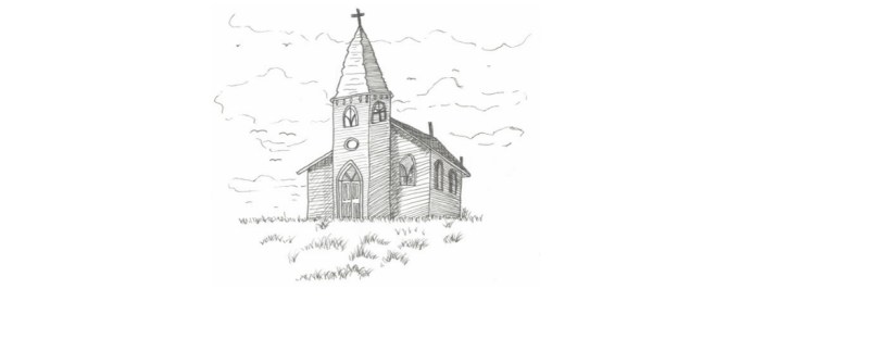This is an ink drawing: A small, old-fashioned church stands alone in a field. A tall, narrow bell tower rises above the entrance, topped by a steep, pointed roof and a small cross. The tower has two arched windows near the top; one on the front of and one on the right side. The left side of the tower is out of view. A circular impression is at the middle of the tower, imprinted in the stone. The entrance features a tall, arched door with four tall, narrow windows on either side. The main building has a sloping roof, horizontal siding, and three windows with pointed Gothic-style arches. Short tufts of grass grow around the church's foundation, with scattered clumps of longer grass across the foreground. Clouds stretch across the sky behind the church. Several small birds fly among them.